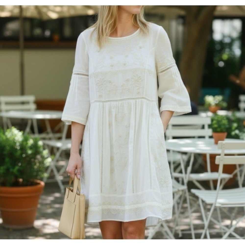 Anthropologie Akemi & Kin Tunic Lace Dress Size M PETITE Ivory Embroidered